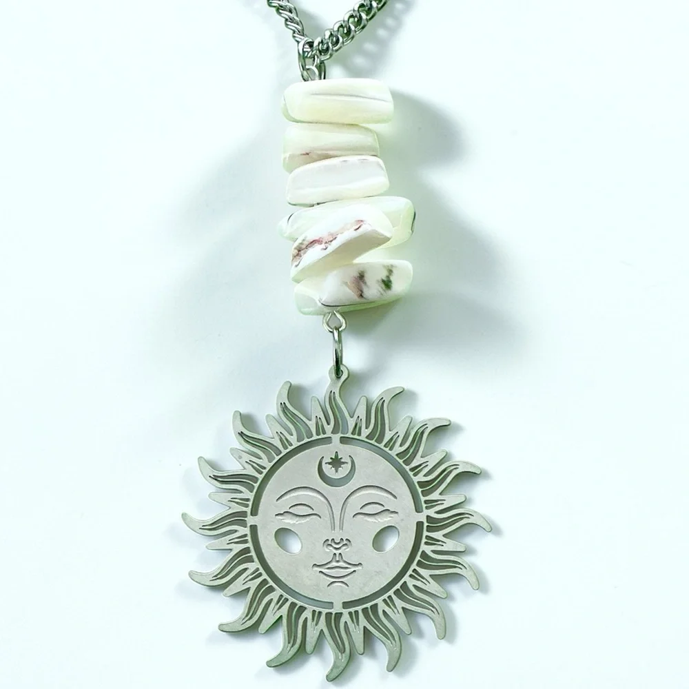 🆕 Third Eye Sun with Large White Gemstones Pendant Necklace-Stainless Steel